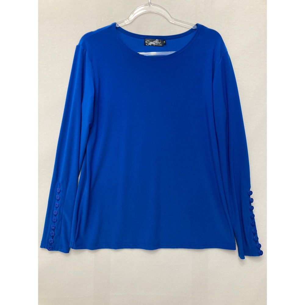 Sympli Long Sleeve Top size 14 Royal Blue Button Cuff Crew Neck Stretch Knit